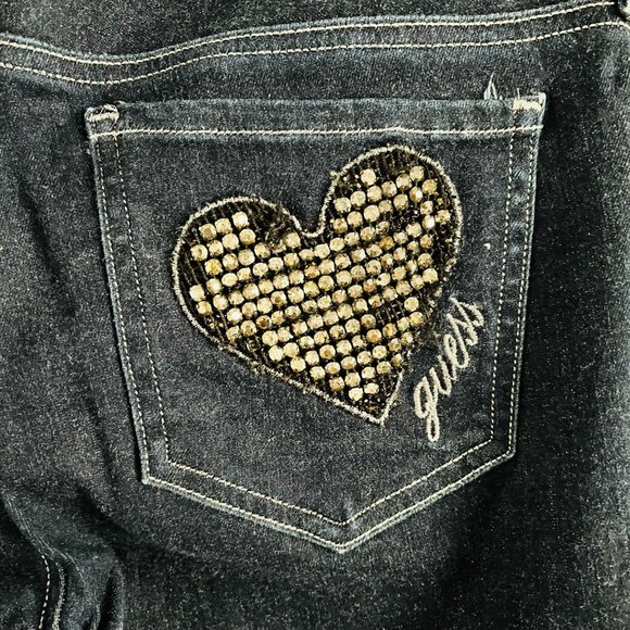 Guess Low-Rise Skinny Dark Wash Jeans with Rhinestone Heart on Back Pocket - Picture 9 of 12